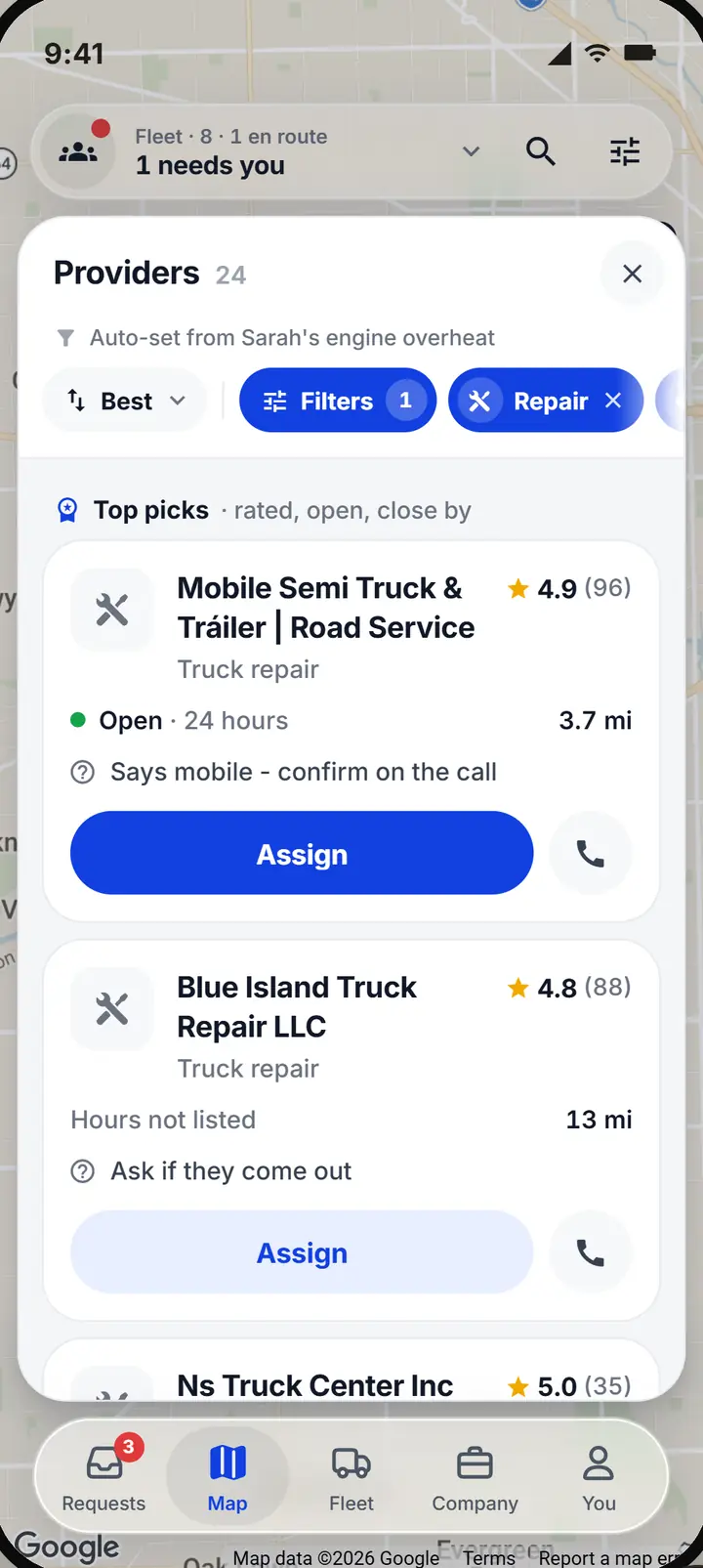 Providers matched to the driver's engine overheat, each with an Assign button and whether it comes out
