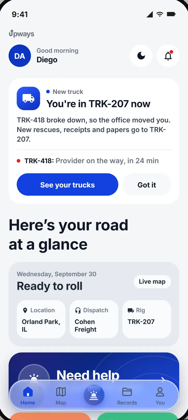 The driver app's home screen with the truck, the dispatcher and the Need help button