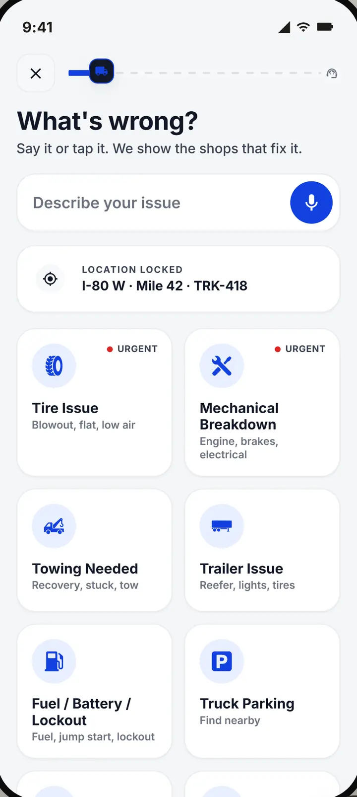 Find help: say what is wrong or tap it, and the shops that fix it show up