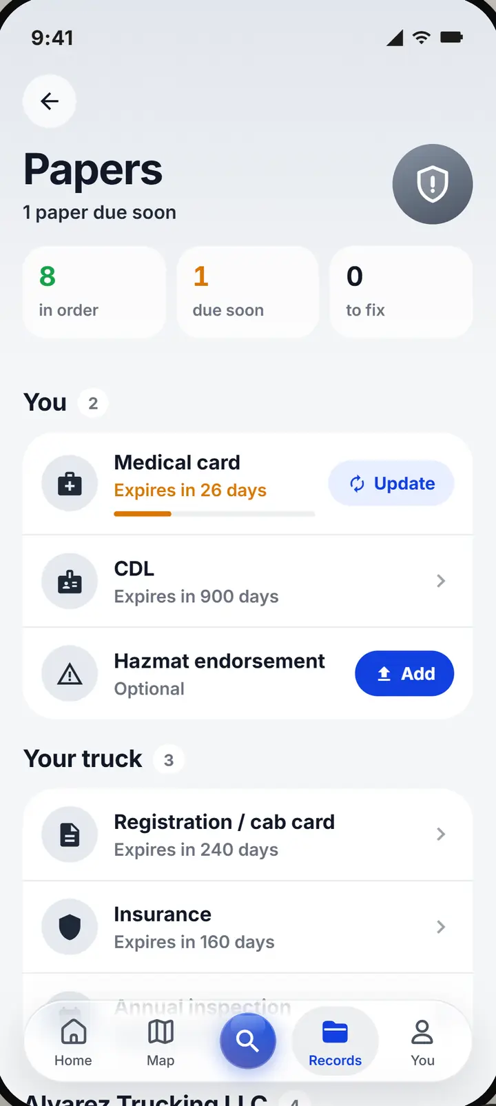 His documents: medical card, CDL, his truck's registration and insurance, with how long each has left