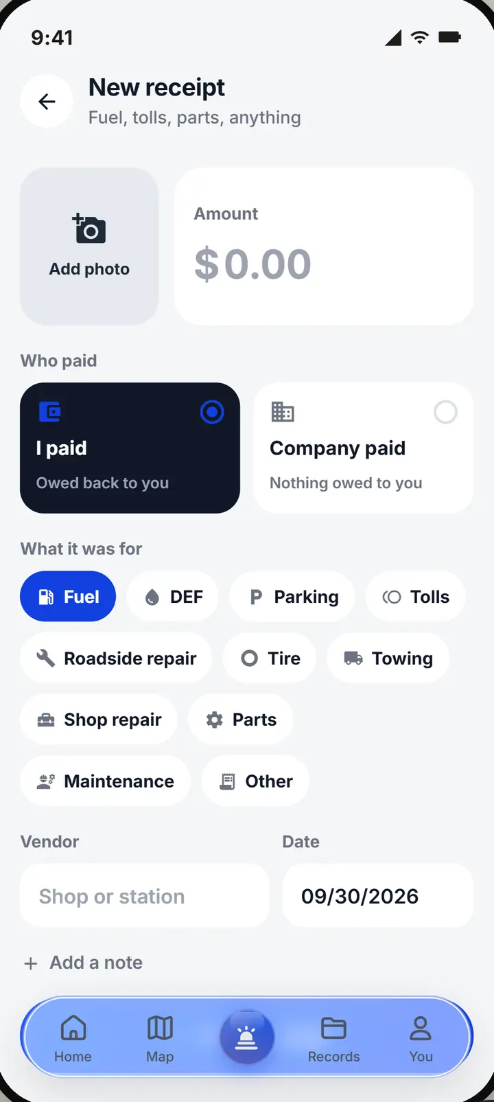 Adding a receipt: a photo, the amount, who paid and what it was for