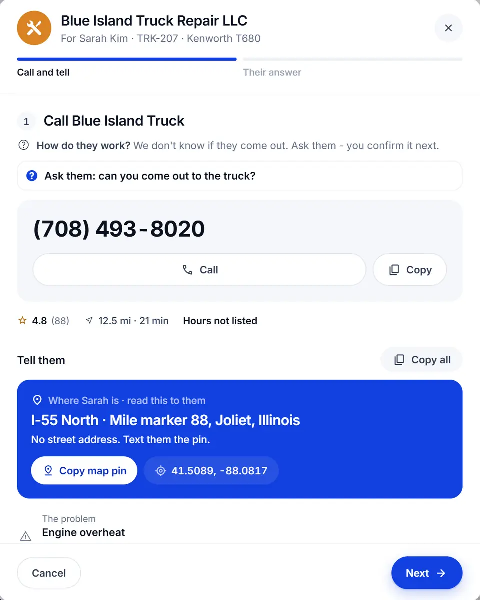 The send screen, step one: the shop's number, a Call button, and where the driver is, to read to them