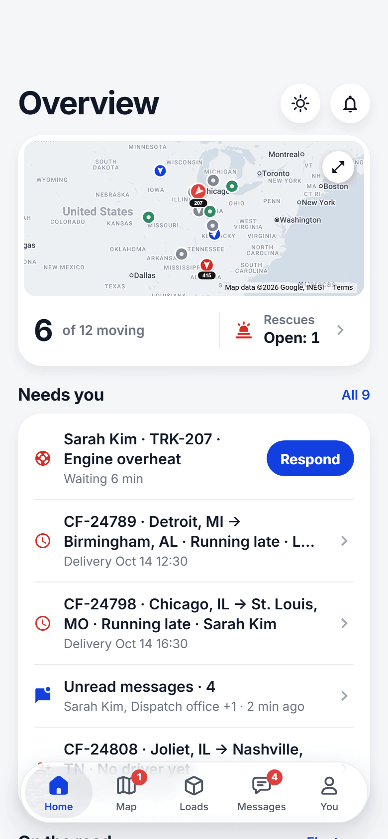 The office phone app: every truck on a live map, how many are moving, rescues open, and what needs you now