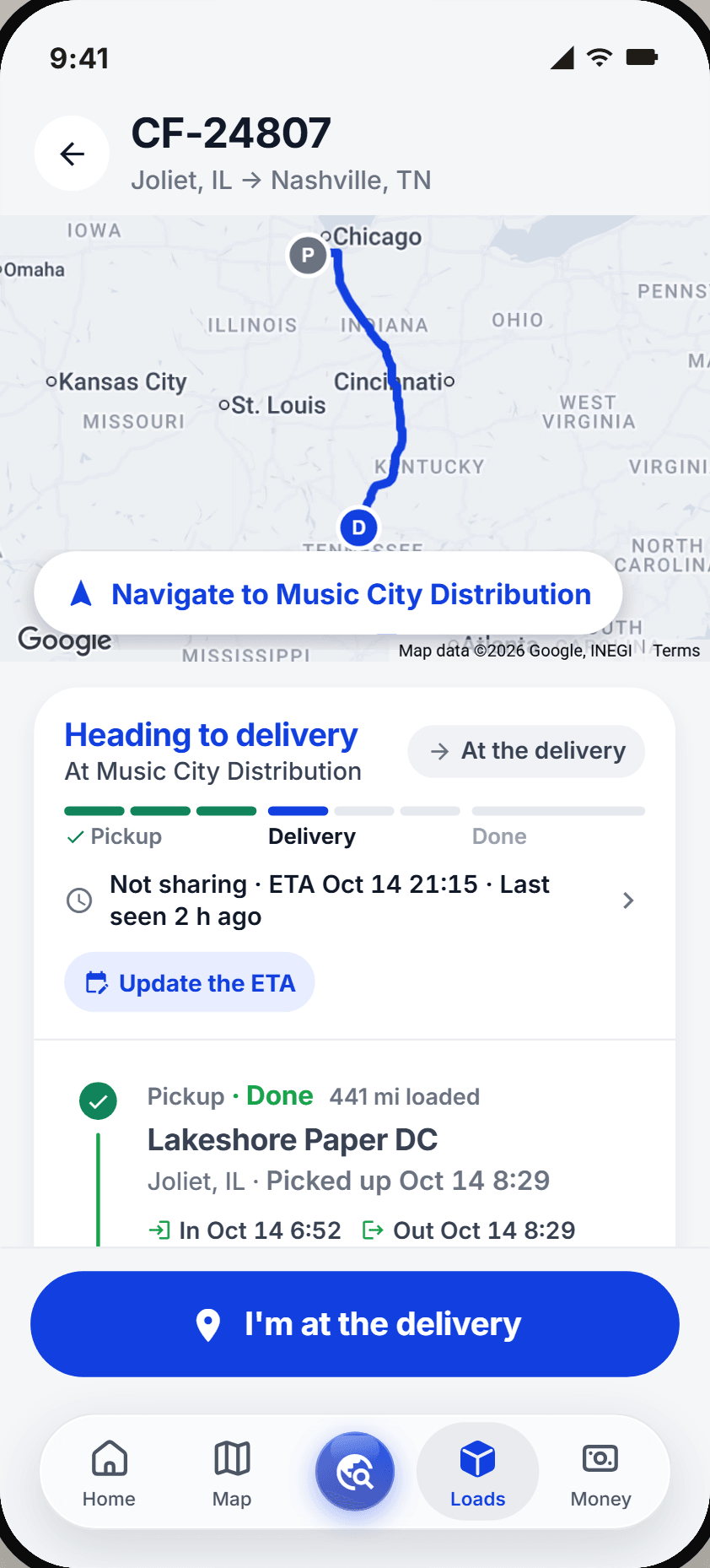 The same load on his phone: the road from Joliet to Nashville on a map, Navigate to Music City Distribution, and where the load stands