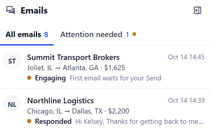 The AI negotiator's broker emails: a first email waiting for your Send, and a broker who answered at $2,200